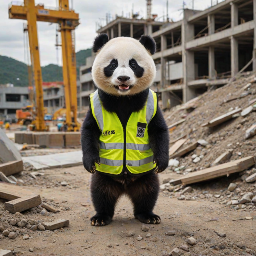 The image is a high-resolution photograph of a Naughty panda, depicted standing on a bustling construction site. Huahua has her distinctive black and white fur, and she is dressed in a bright yellow construction helmet and a reflective safety vest, adding to her professional appearance. The helmet has a small logo on the front, and the vest is detailed with reflective stripes, creating a realistic construction look.