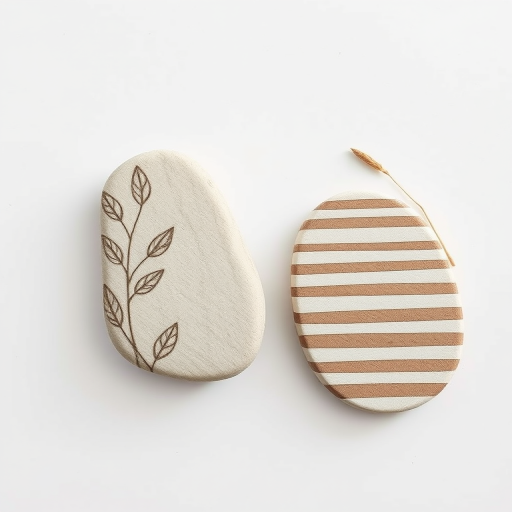 Create a minimalist still life composition featuring two abstract shapes resembling stones with textured patterns, one adorned with leaf motifs and the other with horizontal stripes, accompanied by delicate dried plants, use a Canon EOS R5 with a 50mm f/1.8 lens, aperture f/2.8, ISO 100, in natural soft light, capturing a top-down view for a clean and modern aesthetic.