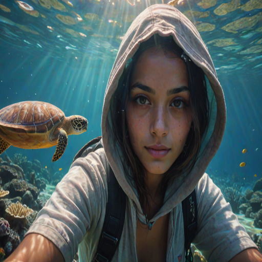 Realistic selfie image of a Nepali, wearing a vintage outfit, detailed dreamy eyes, droopy hooded eyes, staring at the camera, taken underwater at coral reef with a sunbeam filtering through the water, vibrant, summer vacation, natural lighting, turtle and school of tropical fish with vibrant colors, rendered in the style of CryEngine, Pegi Nicol MacLeod, with realistic genre scenes, hauntingly beautiful narratives, ultra-realism, and Thomas Saliot's close-up technique, 8K resolution, crystal clear and sparkling water.