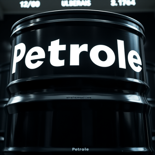 Create a high-resolution image of a black oil barrel with the word "Petrole" in luminous white text, using a Canon EOS R5 camera, 50mm lens, f/1.8 aperture, ISO 100, and a low-angle view to emphasize the barrel's height and details.