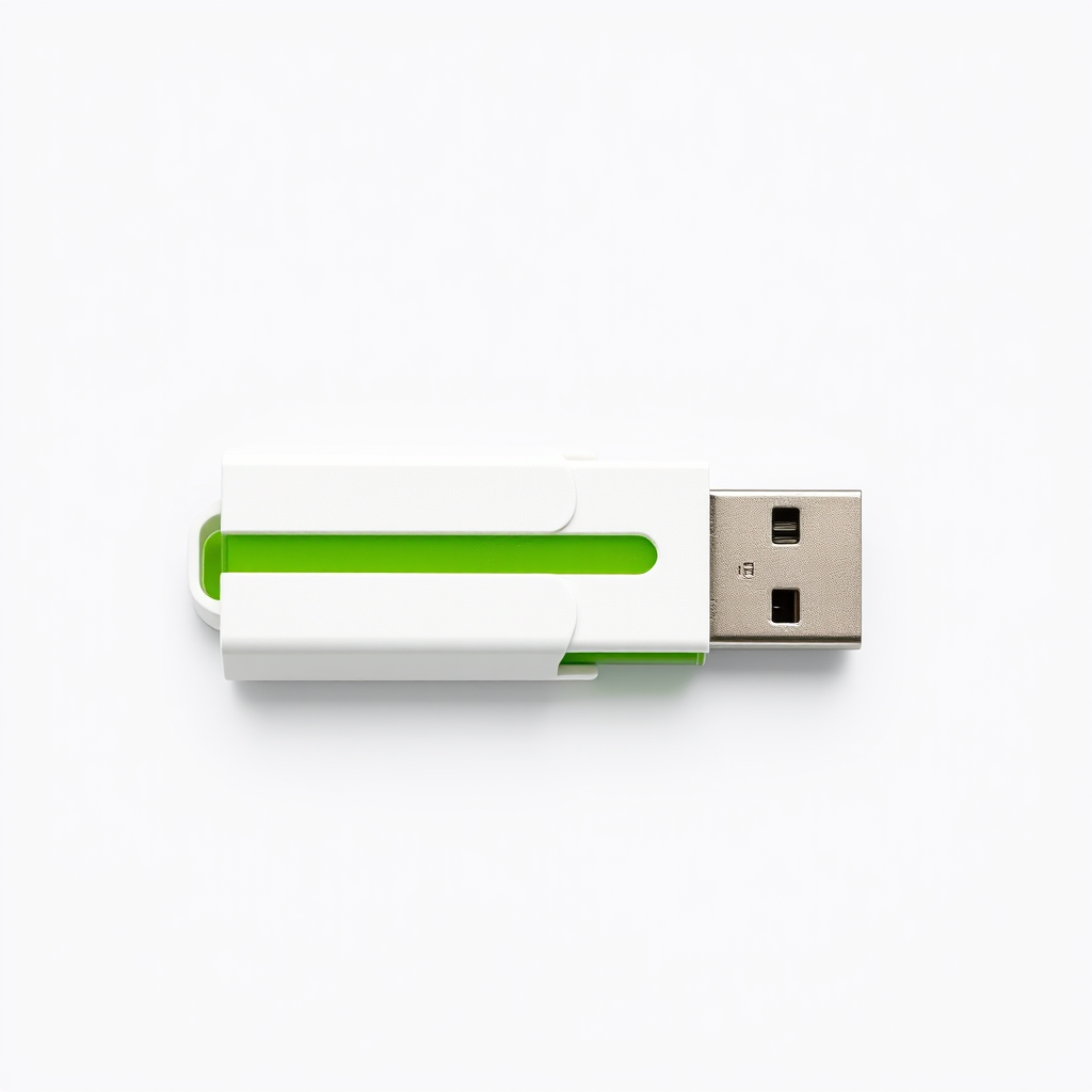 Create a high-resolution image of a modern USB flash drive with a sleek white and green design, shot with a DSLR camera at f/2.8, ISO 100, and a shutter speed of 1/60 sec from an overhead angle in a well-lit studio setting.