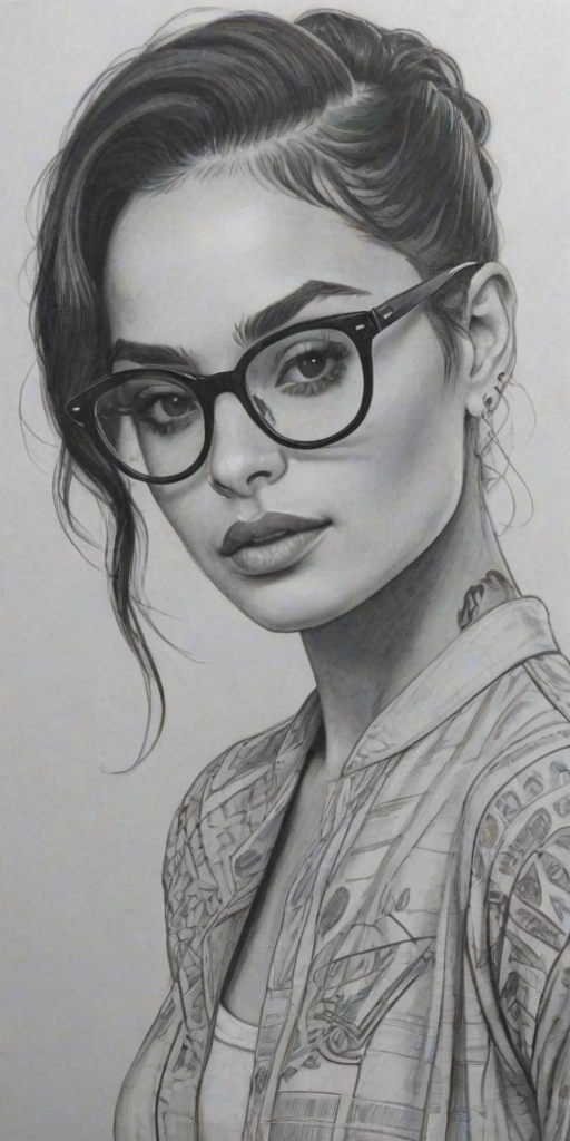 Magnificent Kehlani, pencil sketch, portrait of Pleasing woman 1956s in glasses, hair style beatnik, outline, clear lines, fine lines, 8k