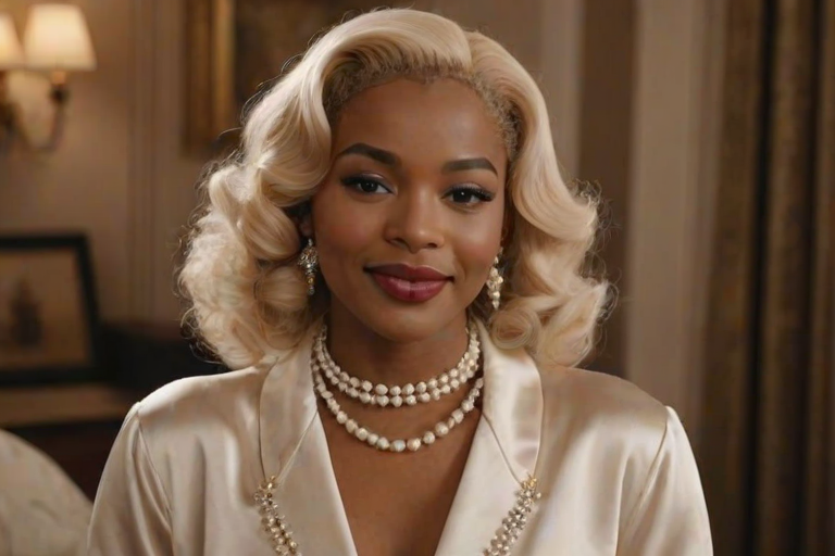 A beautiful Xhosa woman reminiscent of 1950s Hollywood glamour, with perfectly styled blonde hair and a seductive smile, dressed in a satin blouse and adorned with pearls, soft and warm tones, photorealistic, 8K