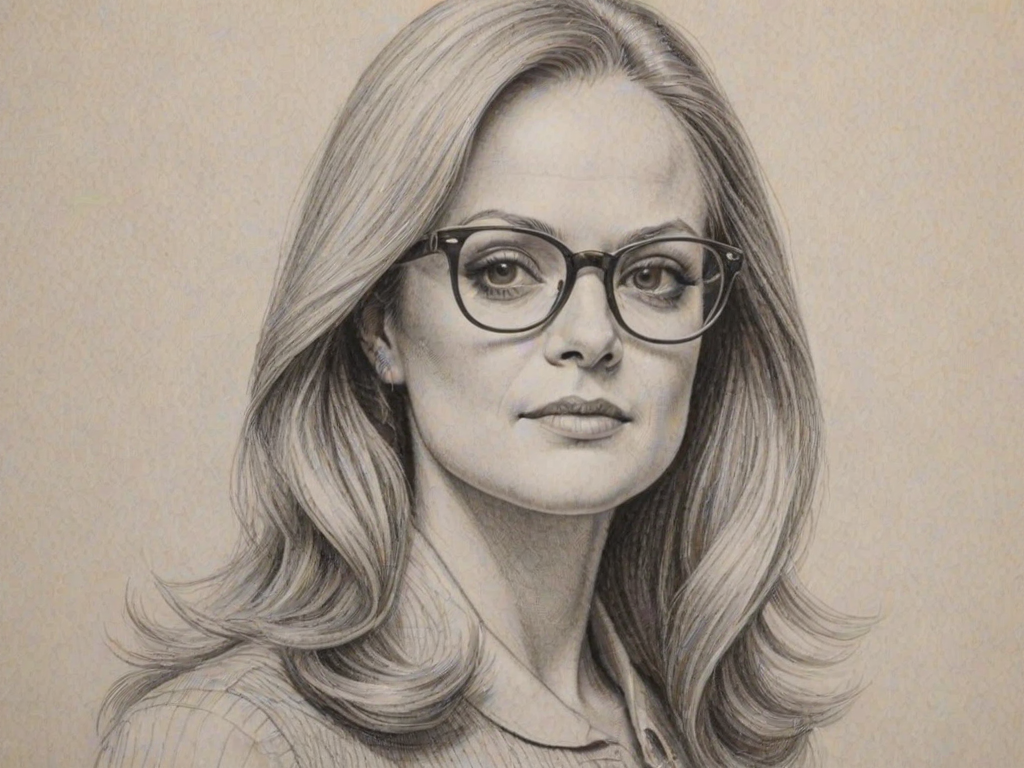 Elegant Kelsey Grammer, pencil sketch, portrait of Bewitching woman 1971s in glasses, hair style beatnik, outline, clear lines, fine lines, 8k