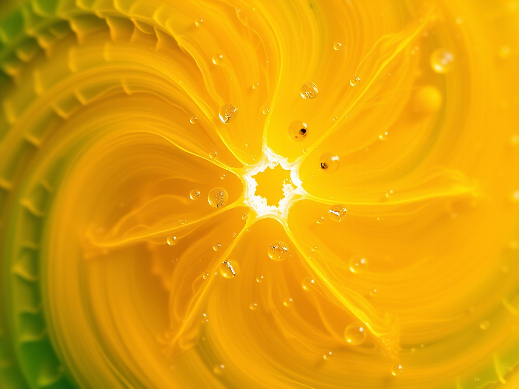 create an abstract artwork of a vibrant orange slice surrounded by swirling green and yellow patterns, captured with a DSLR camera at f/2.8 aperture, 1/60s shutter speed, ISO 200, in a close-up view with macro lens to enhance texture and color detail