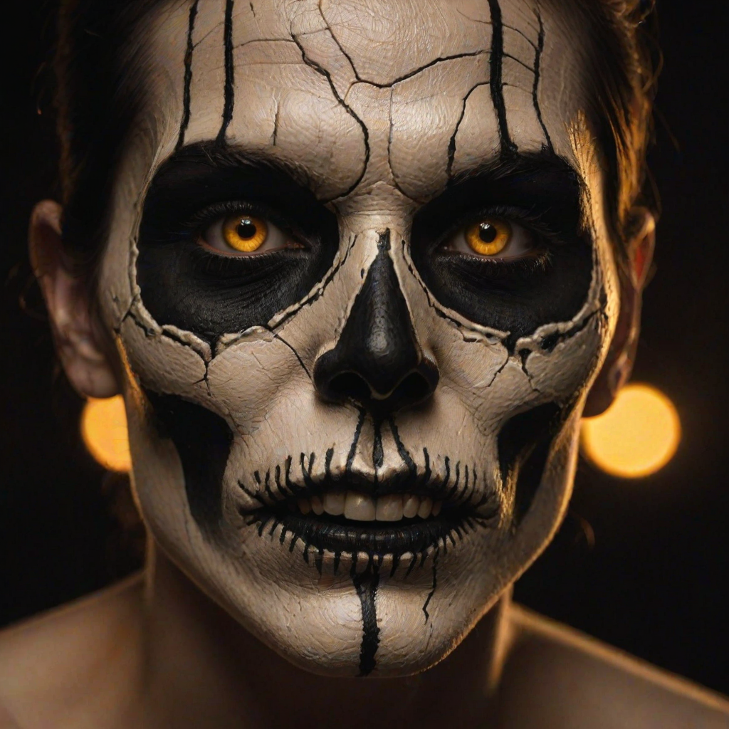 Create image featuring a close-up of a face painted like a skull. The skin is predominantly white with textured, cracked paint. The eye sockets are painted black, blending into the natural shadows of the eyes, creating a deep, hollow look. Bright, intense golden-yellow lights radiate from the eyes, casting a warm glow that contrasts with the cold, esoteric background. The nose is painted black in the shape of a spade. The mouth area features black lines extending from the corners, resembling a stitched effect. The face has sporadic black hair strands that frame it dramatically, adding to the eerie yet captivating feel. The background is blurred and dark, enhancing the focus on the face. Small, glowing orange embers are scattered sporadically across the image, contributing to the mysterious and magical atmosphere. The overall style is hyper-realistic with an emphasis on the contrast between light and dark elements, giving it an almost supernatural
