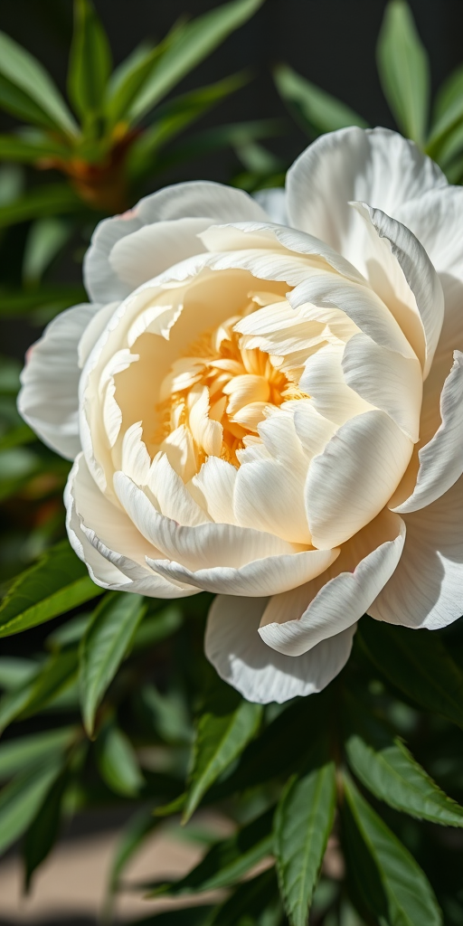 Regenerate an image of a white peony with intricate details on the petals and center, lush green leaves, soft natural lighting, taken with a Canon EOS R5 at f/2.8, 50mm lens, ISO 100, with a shallow depth of field for a classic botanical illustration style.