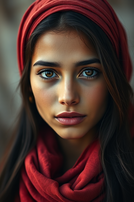 Create a portrait of a young taino woman with long, dark hair and captivating hazel eyes. She is wearing a red headscarf and a matching scarf draped gracefully around her neck. The background is softly blurred, focusing attention on her serene and natural expression. The overall color palette is muted and warm, enhancing the intimate and authentic feel of the portrait.