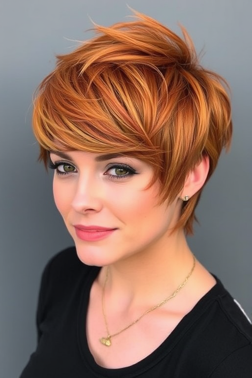 Vibrant copper-toned pixie cut named "Ember Spice" featuring textured layers and a swept-back fringe, exuding a fiery and energetic aura with subtle highlights throughout