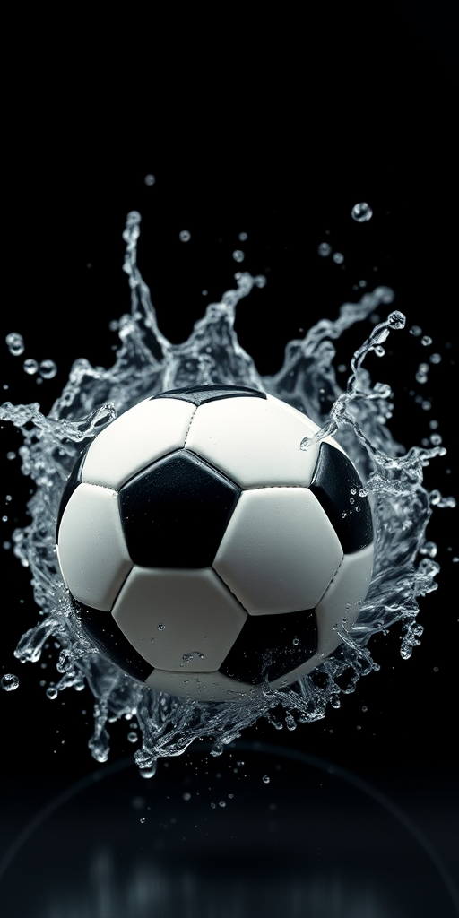 soccer ball splashing in water, high-speed photography, 1/1000 sec shutter speed, f/2.8 aperture, ISO 200, 35mm lens, dark background to enhance contrast