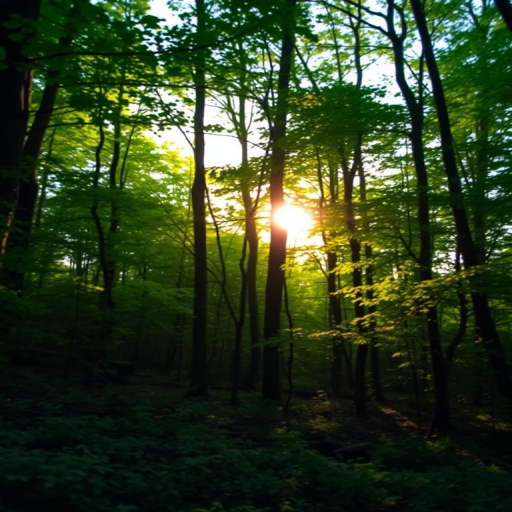 Generate a high-resolution image of a tranquil forest scene with lush greenery and dappled sunlight filtering through the trees, using a DSLR camera with a 50mm lens, f/1.8 aperture, ISO 200, shot at sunrise for soft lighting and a shallow depth of field.