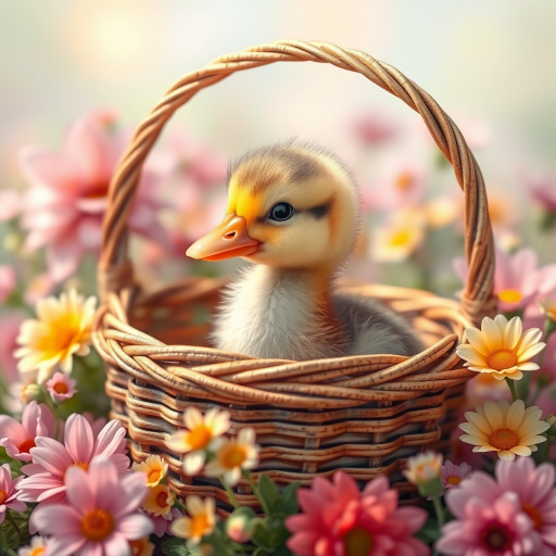 Create a vibrant illustration of a cute duckling sitting in a woven basket surrounded by colorful flowers, with a soft focus background and pastel colors, captured with a DSLR camera at f/2.8, 50mm lens, ISO 100, natural light.