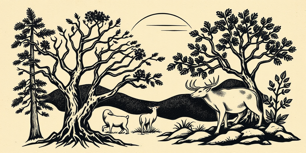 Woodcut tattoo style named "Engraved Nature" mimicking the look of vintage woodblock prints with bold lines, crosshatching, and nature-inspired motifs like trees and animals