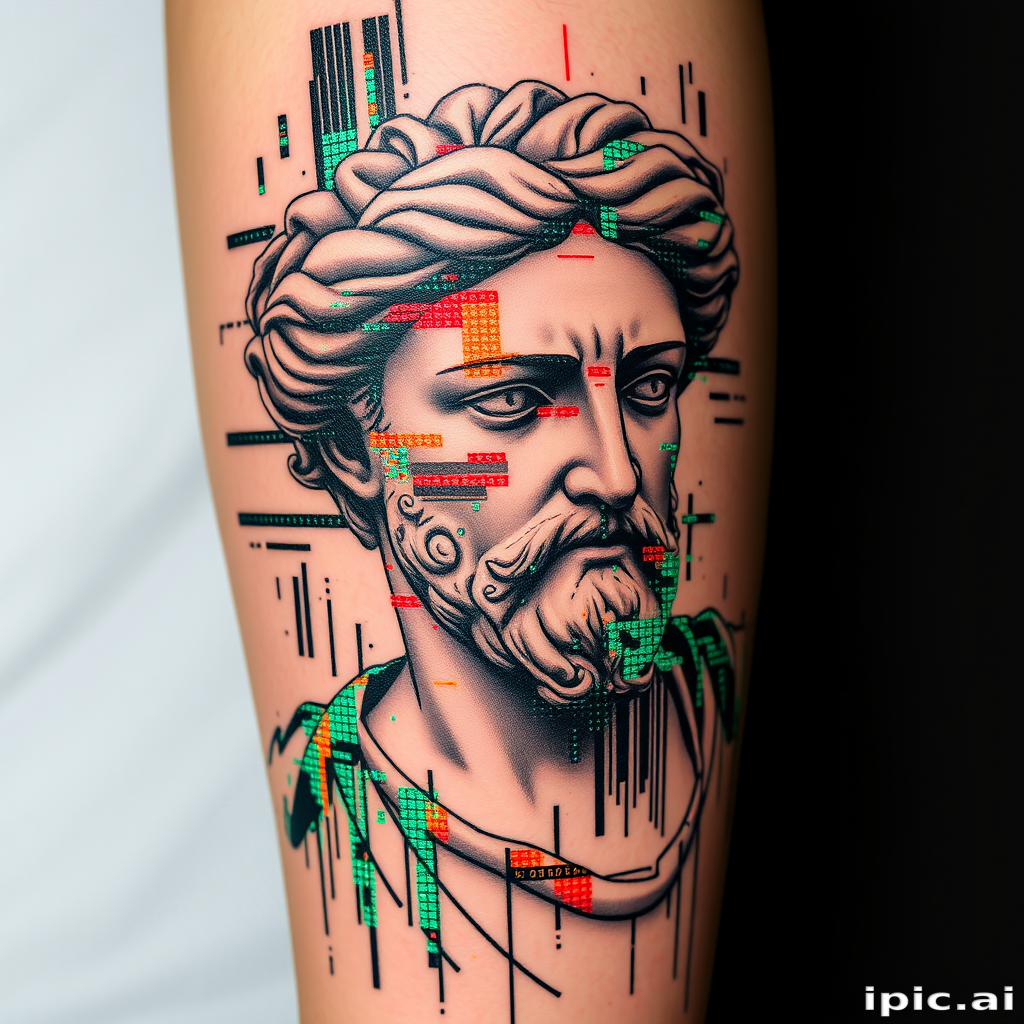 Glitch art tattoo called "Digital Disruption" depicting a classical sculpture glitching and pixelating, with fragmented code and binary sequences interspersed throughout, creating a striking juxtaposition between ancient art and modern technology