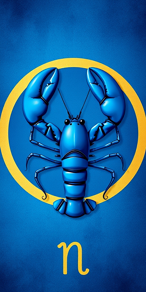 Create an illustration of a blue lobster symbolizing the Cancer zodiac sign, set against a textured blue background with a golden circle, using a DSLR camera with a 50mm lens, f/1.8 aperture, 1/100 sec shutter speed, and soft natural lighting for enhanced depth and clarity.