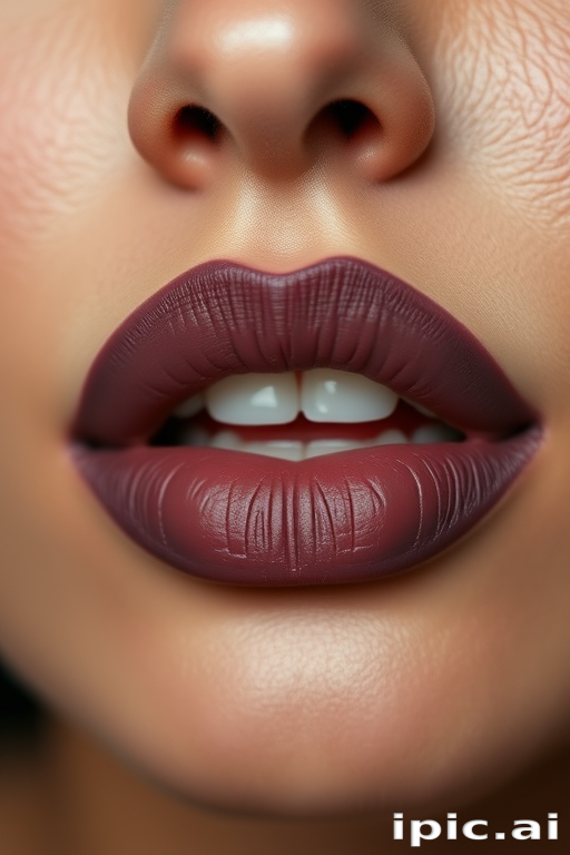 Sultry matte mauve lips, subtly lined for definition, showcasing a natural and effortless beauty, with a soft and velvety texture that enhances the overall allure