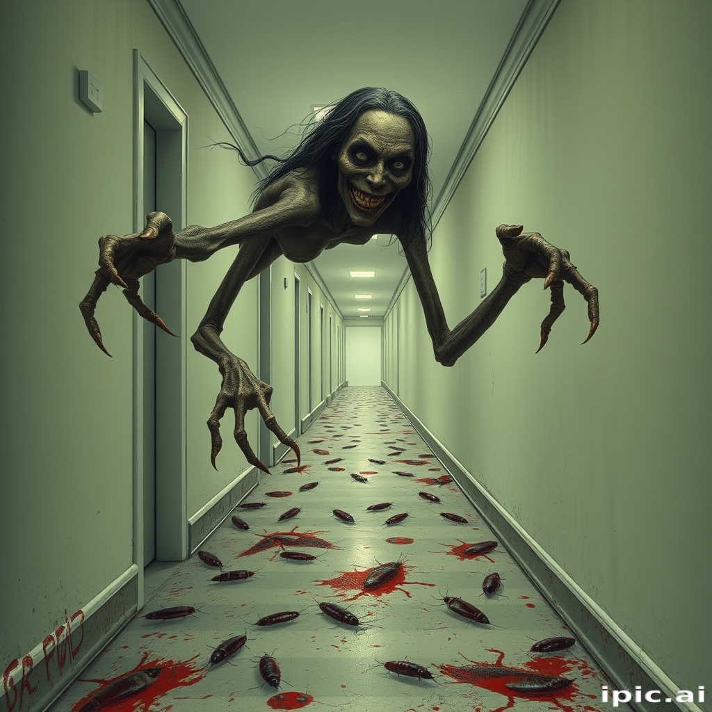 a crooked woman with long arms and a creepy smile is crawling along a long white corridor and you can also see cockroaches in it there is a creepy atmosphere creepy art style