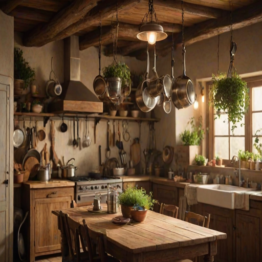 Warmly lit photo of a rustic kitchen with hanging herbs, soft light illuminating pots and pans, and a wooden table set for a family meal.
