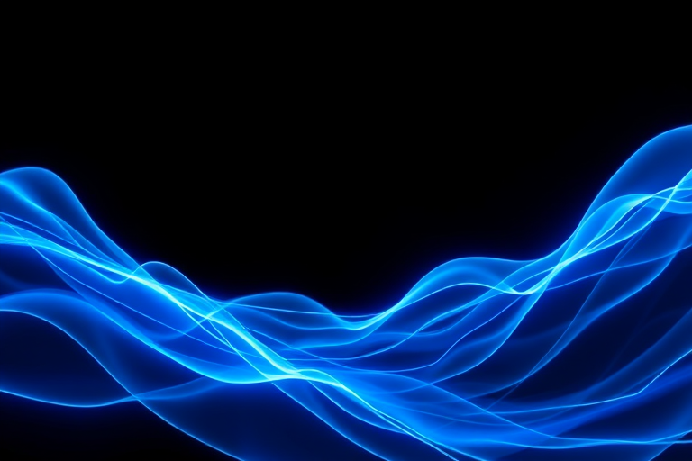 Generate an abstract image of electric blue waves on a black background, using a DSLR camera with a focal length of 50mm, aperture set to f/2.8, and ISO 100, employing a long exposure technique for enhanced light trails.