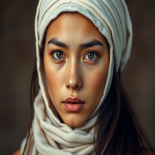 Create a portrait of a young Mongolian woman with long, dark hair and captivating hazel eyes. She is wearing a white headscarf and a matching scarf draped gracefully around her neck. The background is softly blurred, focusing attention on her serene and natural expression. The overall color palette is muted and warm, enhancing the intimate and authentic feel of the portrait.