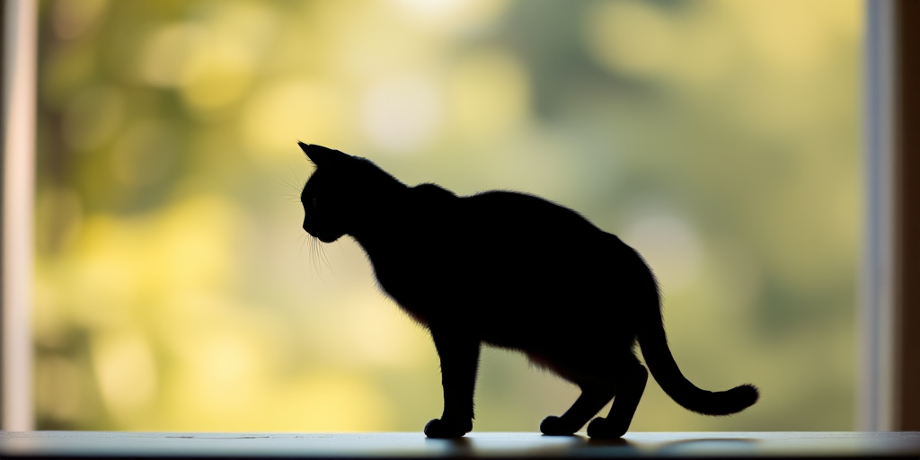 Generate an image of a stylized, minimalist silhouette of a cat standing gracefully, captured with a DSLR camera at f/2.8 aperture, ISO 100, 50mm focal length, in soft natural light, with a shallow depth of field to create a pleasing bokeh effect in the background.