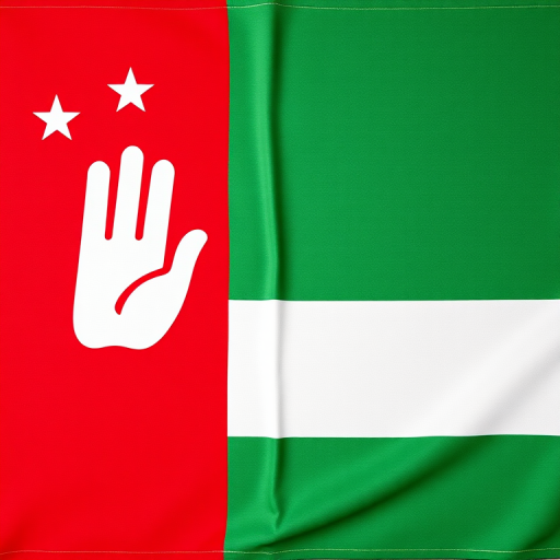 Create a high-resolution image of a flag featuring a red section with a white hand and five stars, alongside alternating green and white horizontal stripes, captured with a DSLR camera, aperture f/8, ISO 100, 50mm lens, top-down view, using a flat lay photography style.