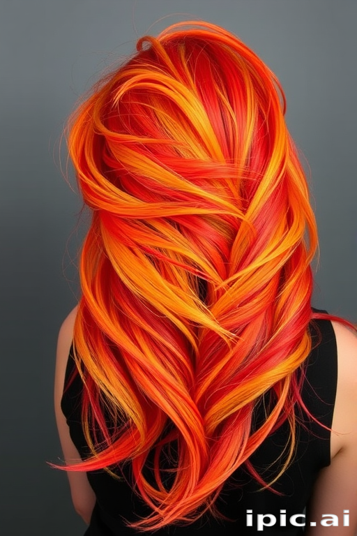 Fiery Phoenix Feathered Layers featuring a bold blend of vibrant red orange and yellow hues styled in wispy textured layers resembling the majestic plumage of a mythical firebird