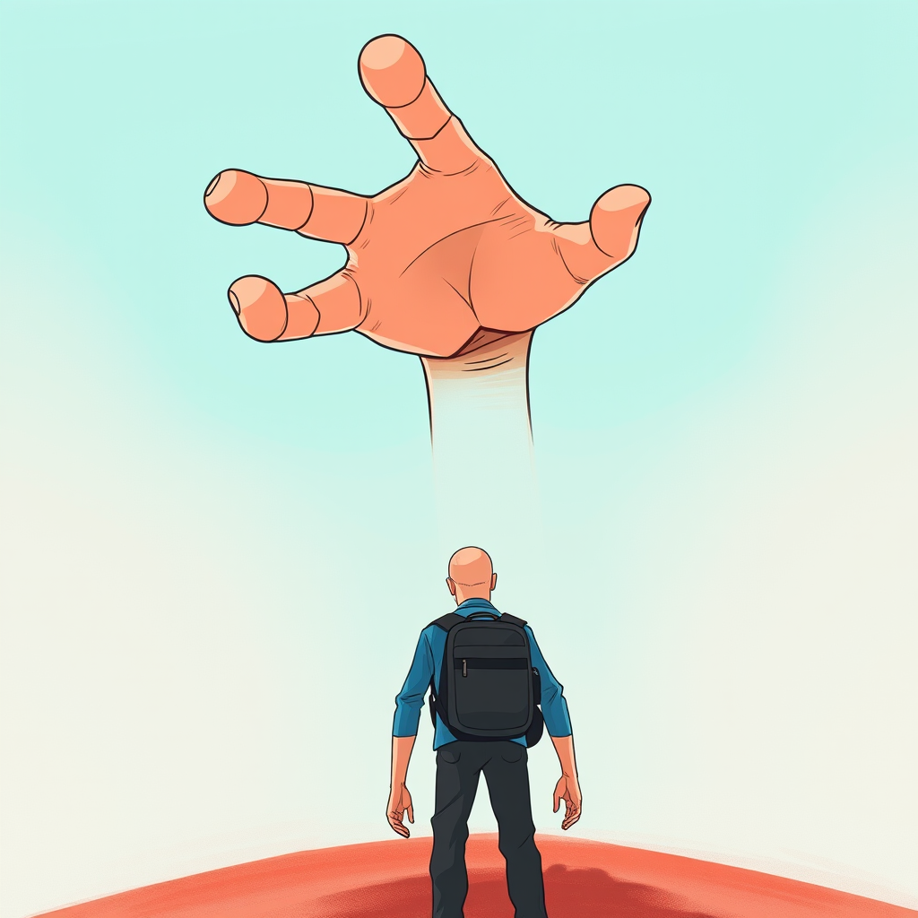 Create an illustration of a large, stylized hand reaching towards a small bald man wearing a blue shirt and a backpack, with a focus on dynamic perspective and bold colors, using a Canon EOS 5D Mark IV with a 24-70mm lens at f/5.6, capturing the image from a slightly low angle to emphasize depth and scale.