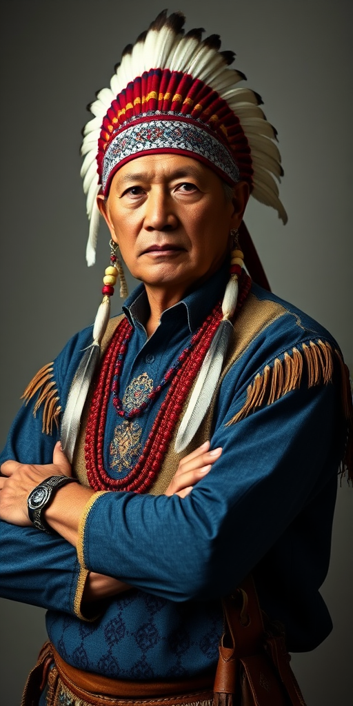 Create a dignified portrait of a Native American man dressed in traditional attire. He wears a beautifully crafted headdress adorned with white feathers and red beads, along with a beaded headband featuring intricate patterns. His clothing includes a deep blue, patterned shirt and a traditional chest piece with detailed beadwork. His arms are crossed, displaying leather armbands decorated with feathers. The background is simple and neutral, emphasizing his proud and stoic expression. The overall image captures the rich cultural heritage and strength of his persona.