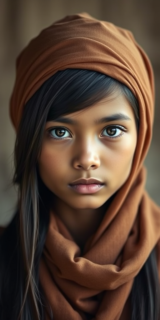 Create a portrait of a young Cambodian male with long, dark hair and captivating hazel eyes. She is wearing a brown headscarf and a matching scarf draped gracefully around her neck. The background is softly blurred, focusing attention on her serene and natural expression. The overall color palette is muted and warm, enhancing the intimate and authentic feel of the portrait.