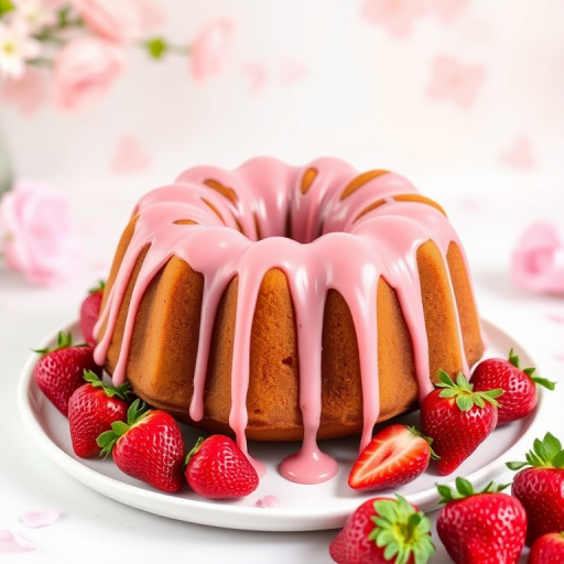 A beautifully decorated bundt cake with a smooth pink glaze dripping down the sides surrounded by fresh strawberries on a white plate with a soft pastel background and delicate floral accents.
