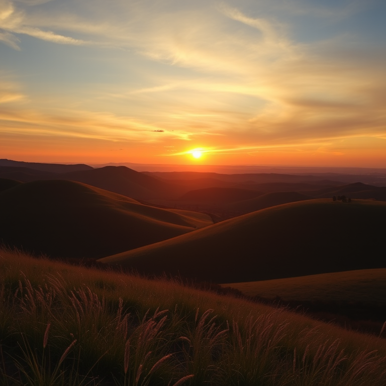 Generate a high-resolution image of a serene landscape featuring rolling hills and a vibrant sunset, shot with a Canon EOS R5, 24mm lens, f/8 aperture, ISO 100, at a golden hour for optimal lighting and colors.