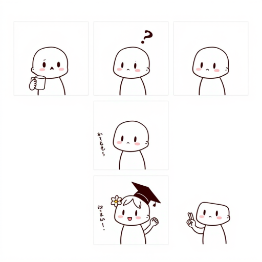 Create a six-panel comic featuring a simple cartoon character with a smooth head and minimal facial features. In the first panel, the character is holding a mug and looking thoughtful. In the second panel, the character has a confused expression with a question mark above its head. The third panel shows the character with a serious expression and a raised fist. In the fourth panel, the character is holding a ring and looking determined. The fifth panel features the character with a flower in its hair and a heart gesture. In the sixth panel, the character is wearing a graduation cap and making a peace sign. The style should be minimalistic and playful.