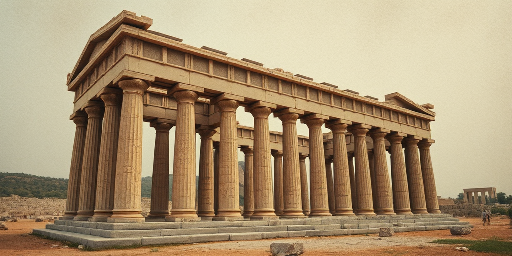 Create a high-resolution image of an ancient temple with detailed columns and a faded, textured background, captured with a DSLR camera at f/8, ISO 100, 24mm lens, and a wide-angle view to emphasize the structure and its surroundings while maintaining a vintage, watercolor effect.