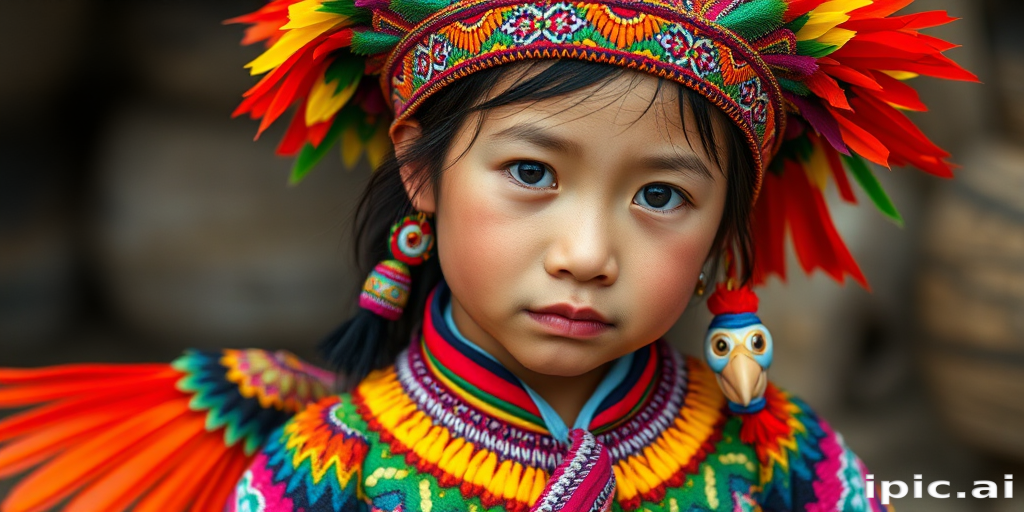 A beautiful Miao girl, wearing colorful bird clothing with vibrant colors