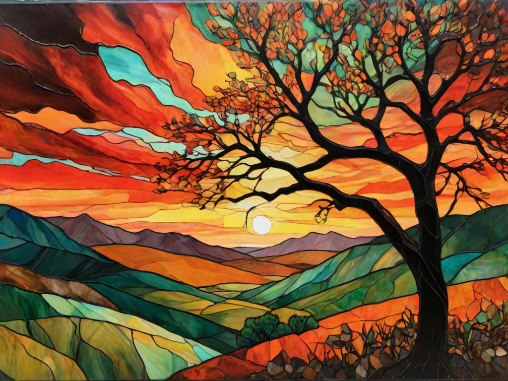 A vibrant abstract painting on Tiffany Glass, blending acrylic and alcohol ink techniques, captures a dramatic sunset over rolling hills. The artwork features a textured, rocky foreground in green and brown, layered abstract hills, and a striking sunset in rich oranges, yellows, and reds. A solitary black tree with intricate branches contrasts against the fiery sky, creating a dynamic and expressive portrayal of a breathtaking natural scene.