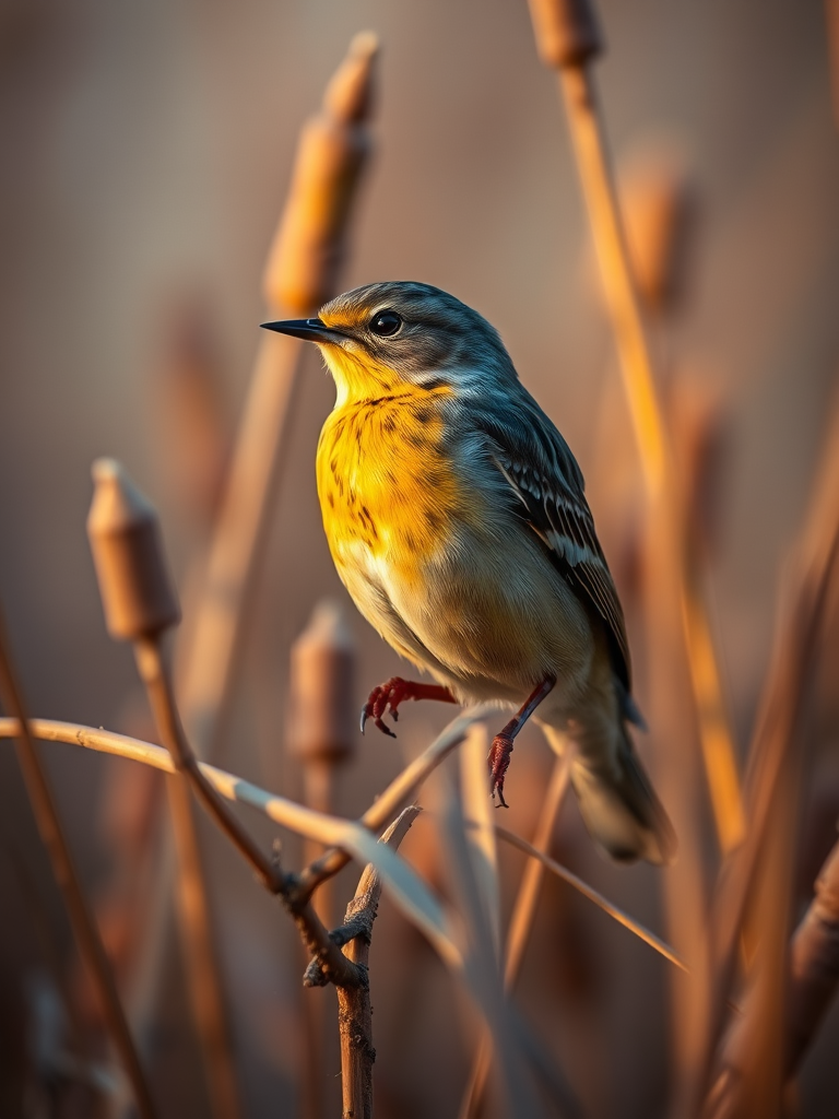 Capture a close-up shot of a bird with a yellow belly perched amidst reeds with a blurred background, using a DSLR camera with a 100mm macro lens, aperture set to f/2.8 for shallow depth of field, ISO 400, and natural light during golden hour for enhanced image quality.