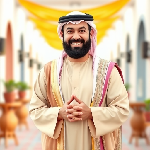 Create a colorful illustration of a cheerful, bearded, middle-aged man in traditional Middle Eastern clothing, standing with hands clasped, wearing a light tunic and a shawl, in a bright and inviting setting, captured with a DSLR camera, f/2.8 aperture, 50mm lens, in portrait mode for enhanced depth of field.