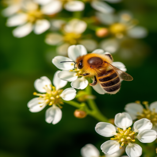 close-up of a honeybee on white flowers with a blurred green background, f/2.8 aperture, ISO 200, 1/1000 sec shutter speed, macro lens, DSLR camera, natural light