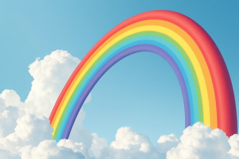 Create a vibrant digital illustration of a rainbow with seven distinct colors arching across a light blue sky, surrounded by fluffy white clouds, using a Canon EOS R5, aperture f/8, shutter speed 1/250s, ISO 100, wide-angle lens to capture a broader view and enhance color saturation.