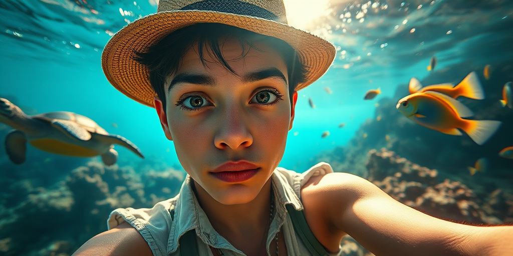 Realistic selfie image of a Hispanic, wearing a vintage outfit, detailed dreamy eyes, droopy hooded eyes, staring at the camera, taken underwater at coral reef with a sunbeam filtering through the water, vibrant, summer vacation, natural lighting, turtle and school of tropical fish with vibrant colors, rendered in the style of CryEngine, Pegi Nicol MacLeod, with realistic genre scenes, hauntingly beautiful narratives, ultra-realism, and Thomas Saliot's close-up technique, 8K resolution, crystal clear and sparkling water.