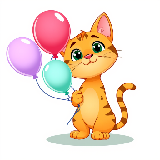 A cute cartoon cat holding a balloon, vibrant colors, playful expression, simple background, captured with a DSLR camera, 50mm lens, f/2.8 aperture, ISO 100, natural lighting, high-resolution digital illustration.