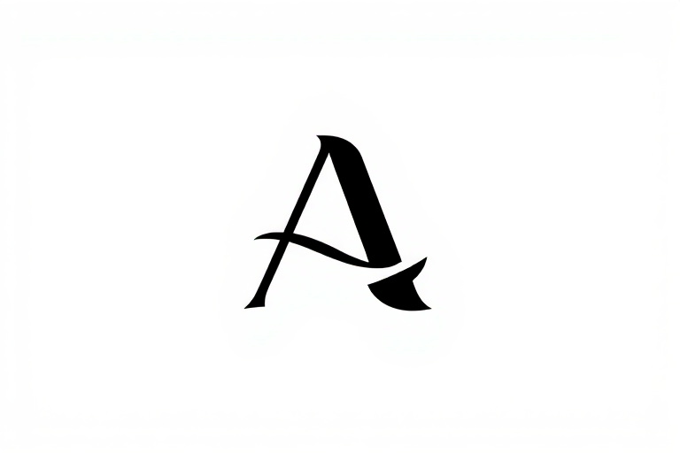 Create a minimalist black and white logo featuring a stylized letter "A" with smooth curves and sharp angles, set against a plain white background, shot with a Nikon D850 at f/8, ISO 100, 50mm lens, using a softbox for even lighting.