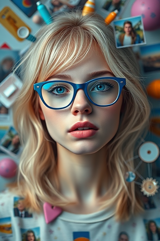 Create a surreal portrait of a young woman with light blonde hair and vibrant blue glasses, surrounded by a whirlwind of colorful images and objects, captured in 50mm f/1.8 lens, ISO 200, 1/125 sec, in a soft diffused light style, using a Canon EOS R camera.