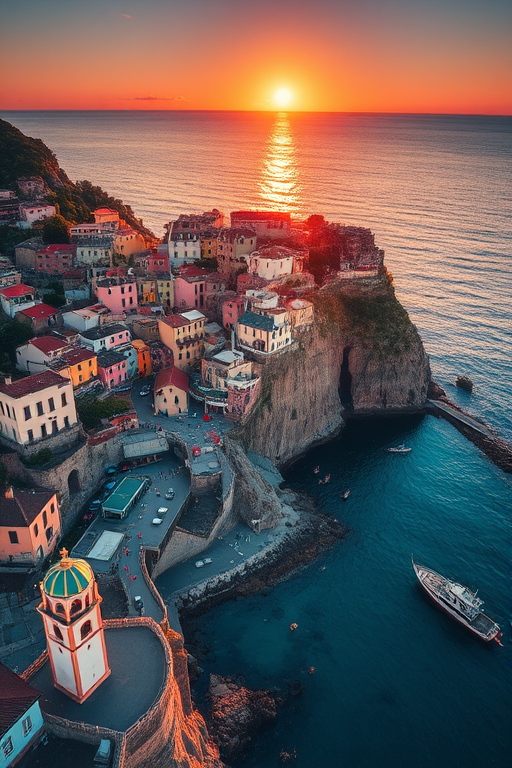 sunset over a coastal village with colorful houses on cliffs, golden light reflecting on the water, tranquil sea, with a clock tower and boats in the bay, taken with a DSLR camera at f/8 aperture, ISO 200, 24mm lens, golden hour shot, aerial view, wide-angle perspective