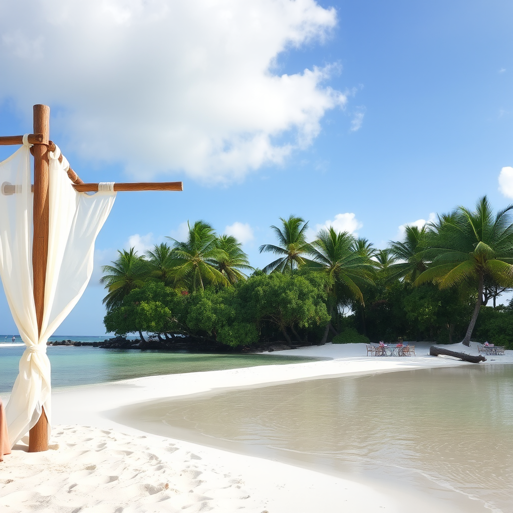 Create a picturesque tropical beach scene featuring a serene, white sandy shore. In the foreground, there's a rustic wooden canopy with white drapes gently flowing in the breeze. Underneath the canopy, a table is set with tropical decor, evoking a sense of relaxation and leisure. The beach extends into a calm, shallow water area with reflections of the sky and surroundings. Palm trees and lush greenery line the edge of the beach, providing a natural, tropical backdrop. The sky is clear with a few scattered clouds, and the overall atmosphere is tranquil and inviting, perfect for a peaceful retreat.