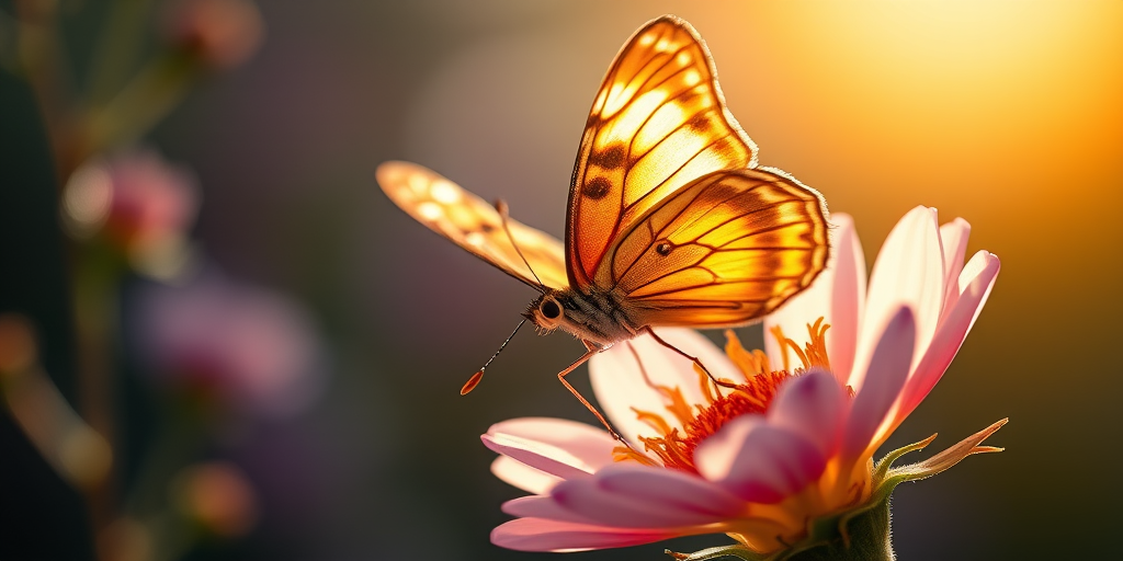 Sharp, detailed close-up of a butterfly landing on a blooming flower, soft sunlight reflecting off its wings, tiny details of the flower's petals visible, the smell of fresh blooms in the air, and the feeling of springtime.