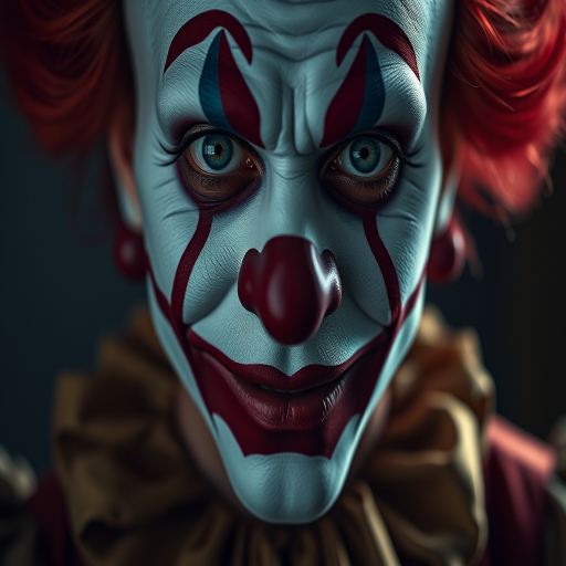 Create a hyper-realistic portrait of a clown with vivid makeup details, using a Canon EOS R5 with a 50mm f/1.2 lens, aperture set to f/1.2, ISO 100, and shutter speed of 1/200s, in a soft, diffused lighting setup for dramatic effect and depth.