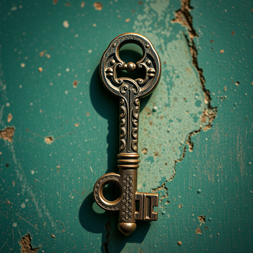 Create a high-resolution image of a vintage key with intricate details using a DSLR camera, 50mm lens, f/2.8 aperture, and shot in natural light from a top-down view to emphasize the texture and design of the key.