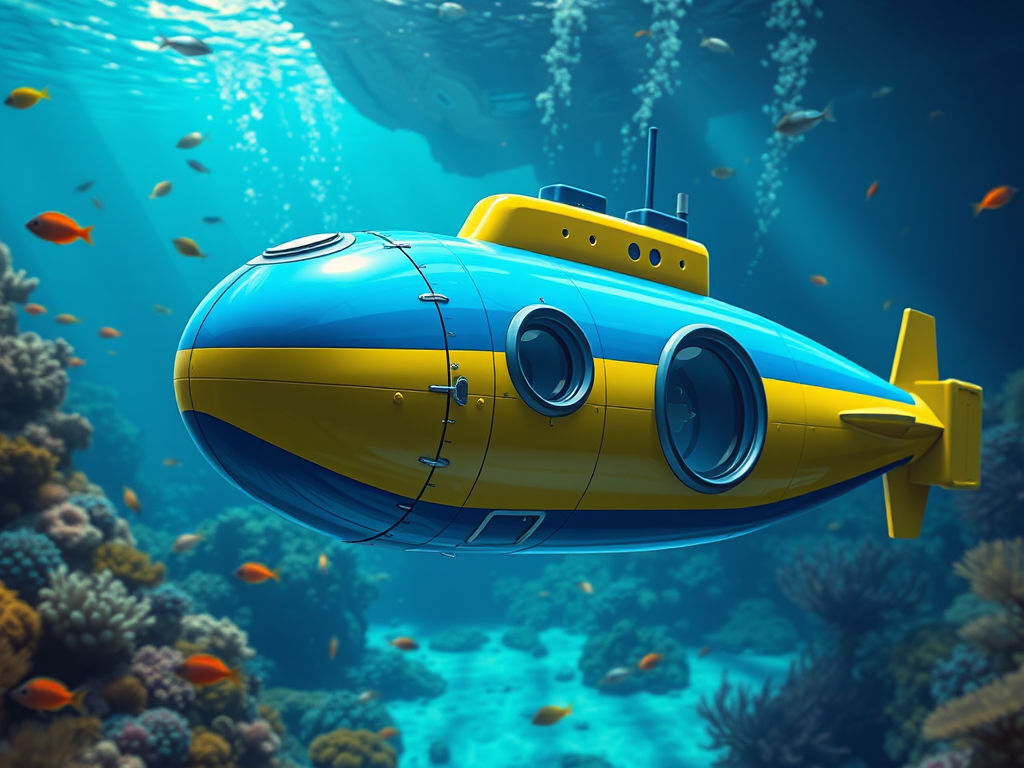 create an illustration of a modern submarine with a sleek design, featuring a prominent blue capsule, metallic yellow exterior, and large round viewports, in a vibrant underwater setting with colorful marine life around, shot in high resolution using a digital camera with a 50mm lens at f/8 aperture, ISO 100, and natural light to capture vivid colors and details, from a slightly angled side view for depth and perspective.